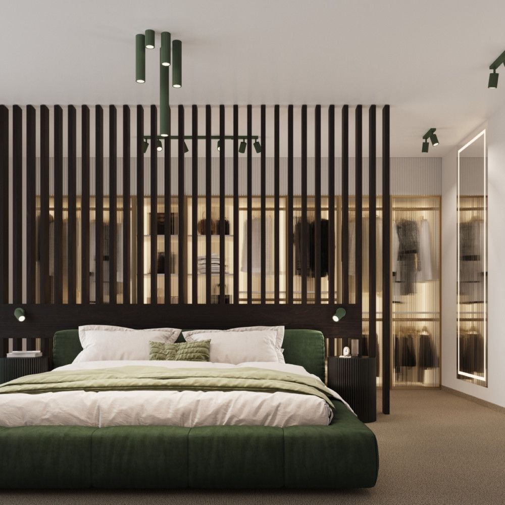 Sfeerfoto van een slaapkamer met diverse groene Sollux Karbon lampen