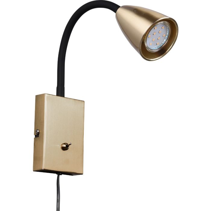 Trio Wanda 202670108 messing kleurige wandspot met zwarte flexibele arm van kunststof en klikschakelaar op de wandplaat