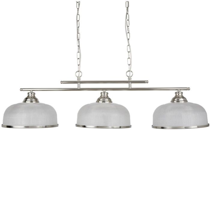 Hanglamp Bistro 3593-3SS staal kleurige hanglamp met drie kappen van holofaan glas aan een dubbele stang