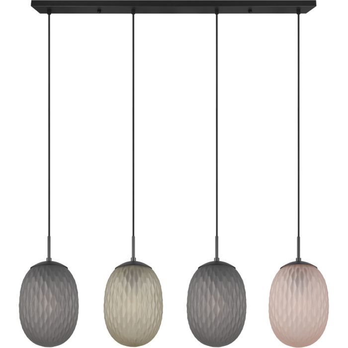 Trio Facette 364200417 hanglamp met zwarte plafondbalk en vier pendels met amber, groen en rookglazen kappen met honingraat motief