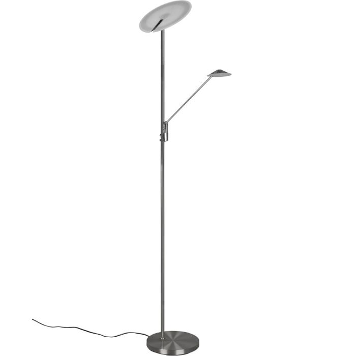Trio Brantford 425610207 staalkleurige vloerlamp met leeslamp en kantelbare uplighter, met twee dimmers aan de paal