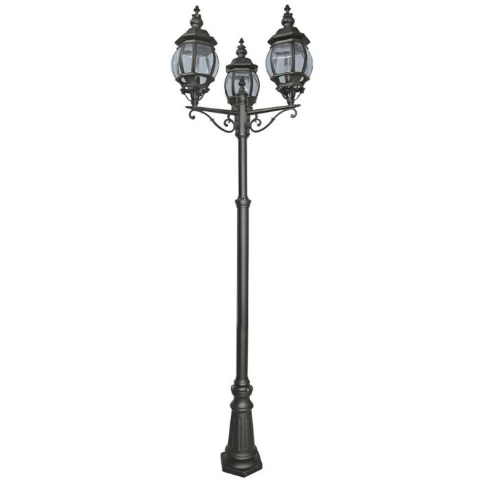 Searchlight Bel Aire zwarte klassieke lantaarnpaal met drie staande lantaarns met acht halfrond geslepen glazen ruitjes