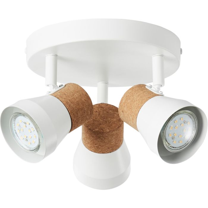 Brilliant Moka 75734/75 ronde witte plafondspot met drie spotjes waarvan de achterzijde van kurk is