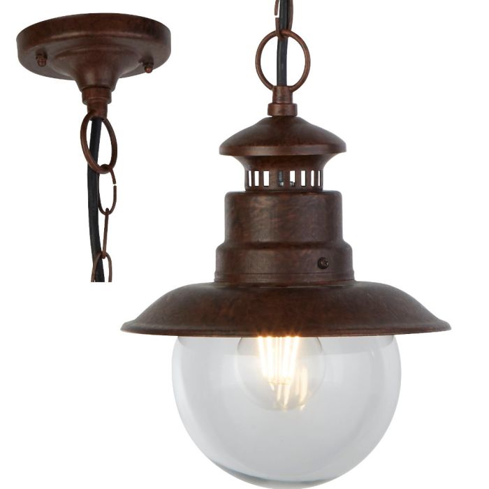 Searchlight Station roestbruine buitenhanglamp aan een ketting met halfronde helder glazen kap
