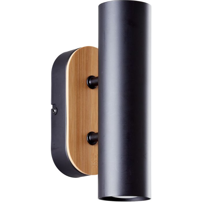 Brilliant Niels 99774/76 zwarte wandlamp met up en down spots met een met bamboe hout afgewerkte wandplaat