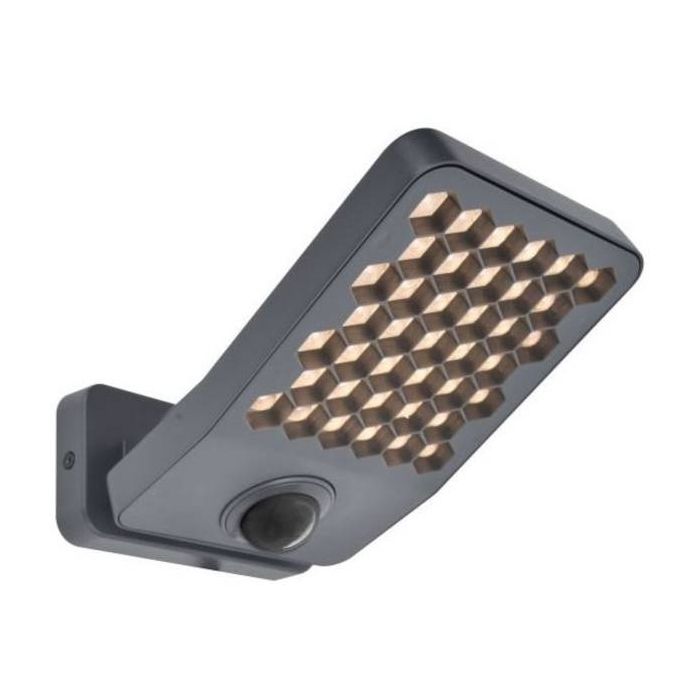 Lutec Atlantis antraciet grijze schijnwerper van 22,2 cm diep met honingraat structuur voor de LED unit en bewegingsmelder