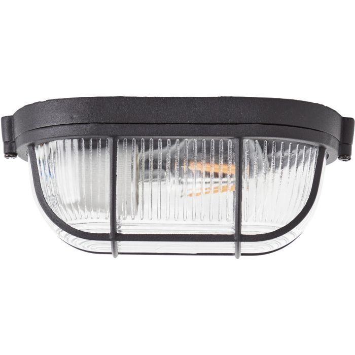 Brilliant Bobbi 94458/06 zwart ovaal wandlampje met ribbelglas en veiligheidsrooster over het glas. Ook voor plafondmontage