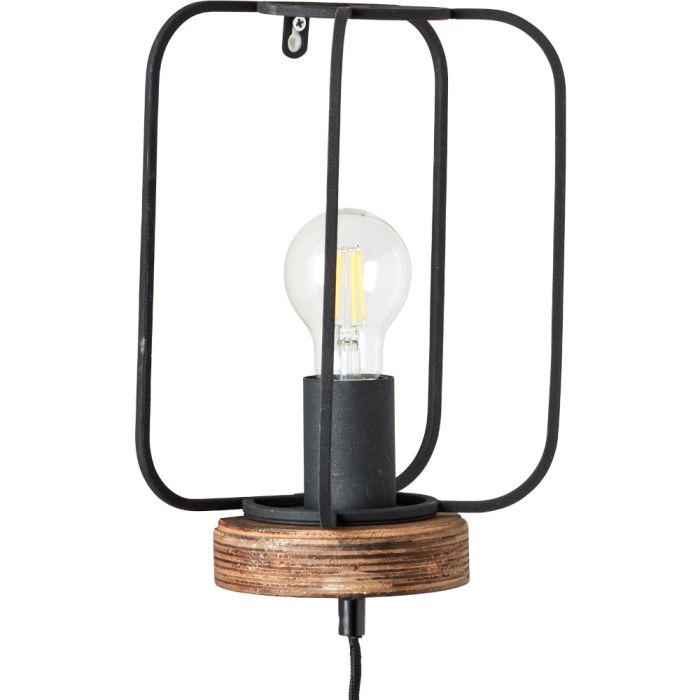 Brilliant Tosh 99499/66 wandlamp met houten onderkant en vier zwart metalen spijlen als kap. Met een aansluitsnoer