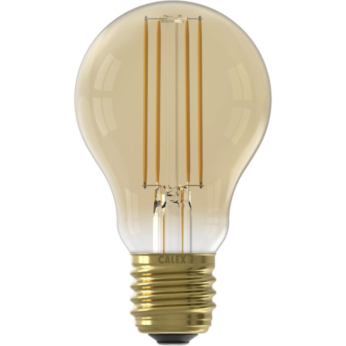 1101007300 8712879153061 Calex Standaard A60 Goud Straight filament 220-240V 7.5W 806lm 2100K E27 Dimbaar met LED dimmer