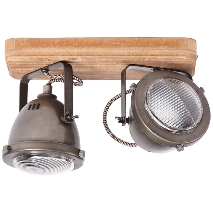 Brilliant Carmen 72029/84 industriele dubbele spot met houten plafondplaat en klassieke koplamp lijkende spots