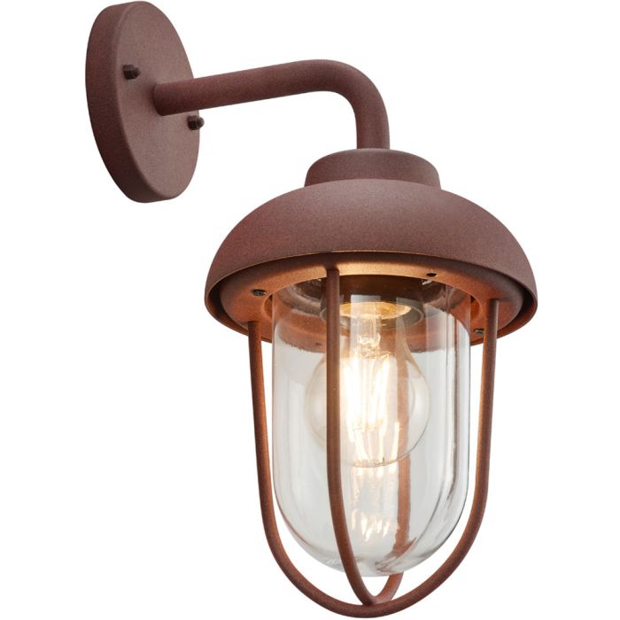 Trio Duero 202760124 roestbruine wandlamp voor buiten met hangende kap en transparant glazen bol