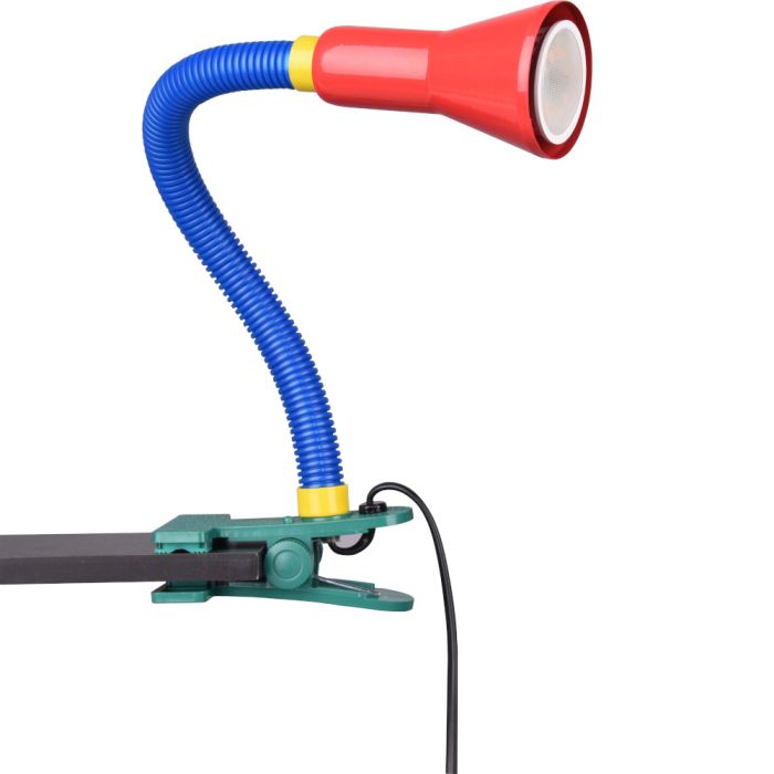 Trio Flexo 5028010-17 kleurrijke klemspot met flexibele blauwe arm, groene klem, rode kap en gele details