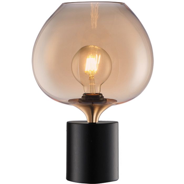 Freelight Fresu tafellamp van 38cm hoog met zwarte voet en brons gouden kap met amber glas van 24cm in diameter