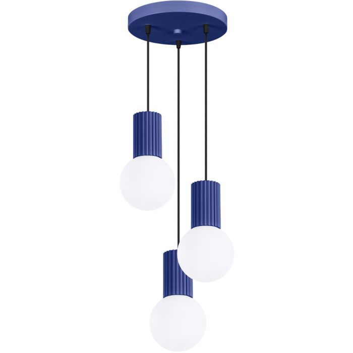 Sollux Halo SL.1740 marine blauwe hanglamp met plafondplaat van 25cm en drie geribbelde fittinghouders en wit bolvormig glazen kap van 12cm