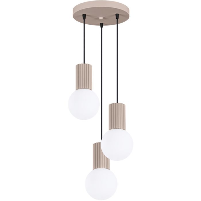 Sollux Halo SL.1745 taupe kleurige hanglamp met plafondplaat van 25cm en drie geribbelde fittinghouders en wit bolvormig glazen kap van 12cm
