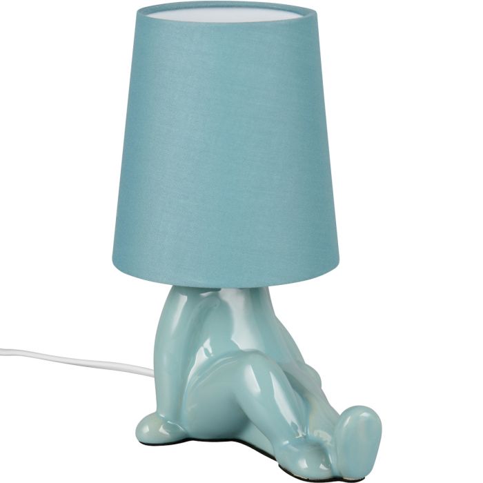 Reality Huma blauwe tafellamp van 24,5 cm hoog met lampvoet in de vorm van een zittend lichaam en een kapje van textiel als hoofd