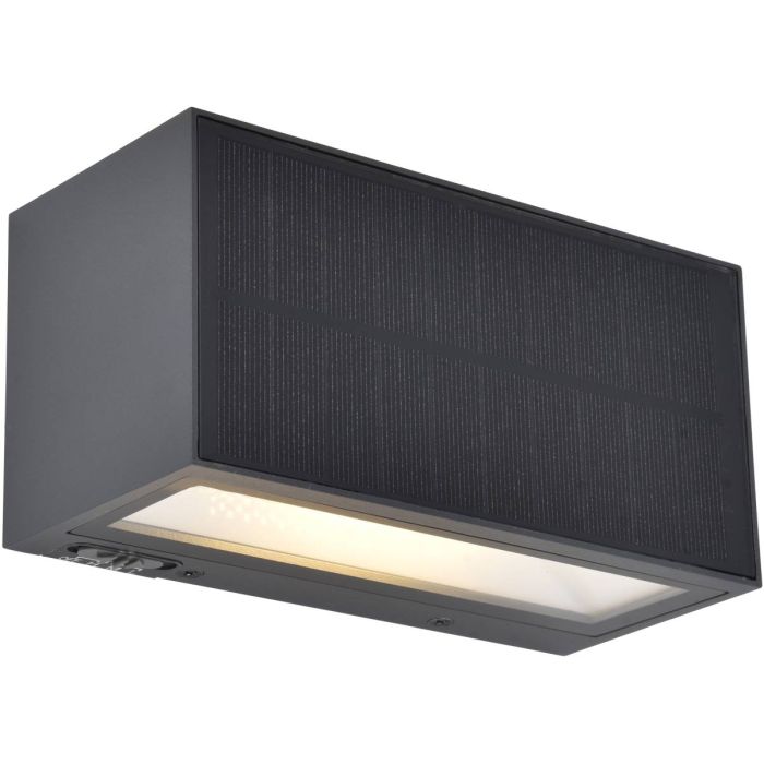 Lutec Inka antraciet grijze rechthoekige wandlamp van 18 cm breed met zonnepaneel op de voorzijde