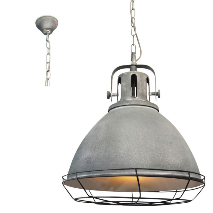 Brilliant Jesper 23771/70 Betongrijze industriele hanglamp aan ketting met warmte rooster erboven en metalen rek er onder