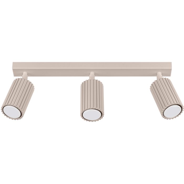 Sollux Karbon taupe kleurige langwerpige plafondspot van 45 cm lang met drie geribbelde cilindervormige spots met GU10 lamp