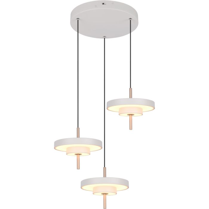Trio Keaton warm grijze hanglamp van 45cm in diameter met drie met dubbele schijf vormige kappen van 25 cm in diameter met geïntegreerde led