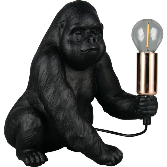 Reality Kong R56611002 tafellamp in de vorm van een zwarte gorilla die een messing fitting met E14 kogellampje omhoog houdt
