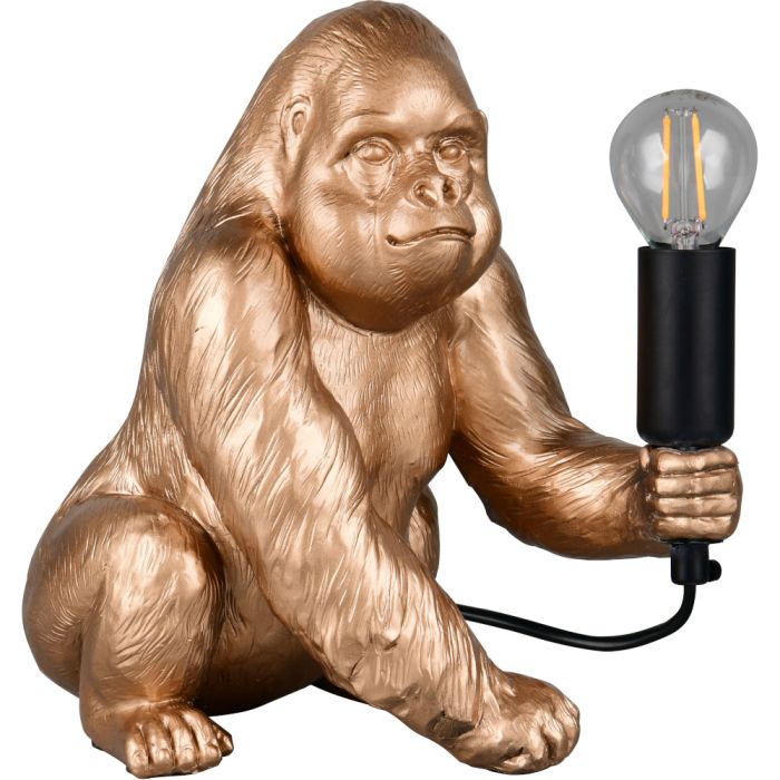 Reality Kong R56611079 tafellamp in de vorm van een goudkleurige gorilla die een zwarte fitting met E14 kogellampje omhoog houdt