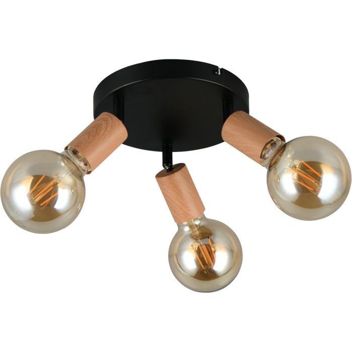 Casalum Lamego zwart metalen plafondspot van 29 cm in diameter met drie spots met imitatiehouten fittinghouder en goudkleurige globelamp