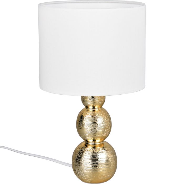 Reality Lova tafellamp van 29 cm hoog met goudkleurige voet bestaande uit drie gestapelde ballen met een kapje van 17 cm in diameter van wit textiel