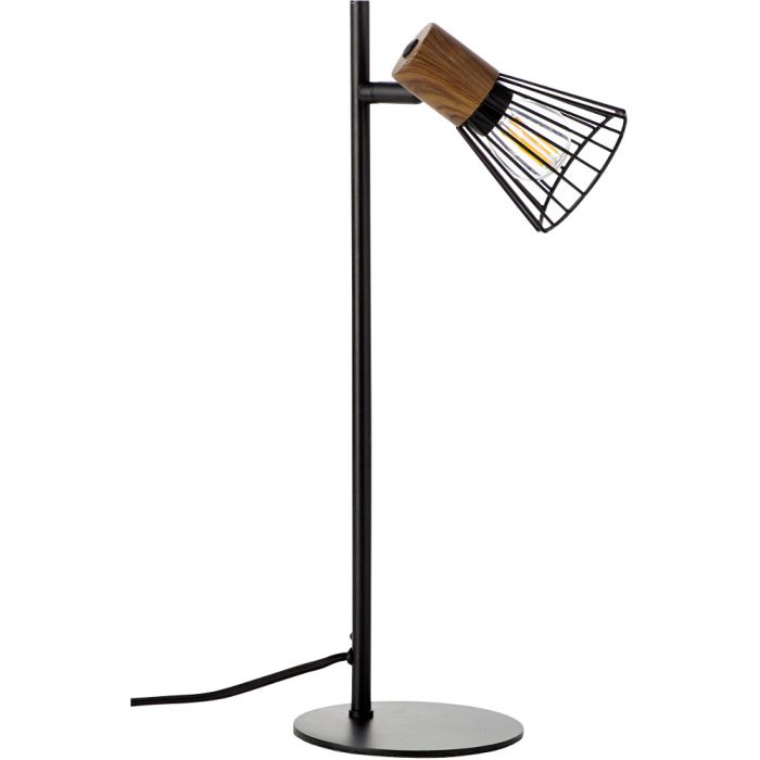 Brilliant Manama 78148/76 zwarte tafellamp met spotje van metaaldraad en donkerhouten achterzijde