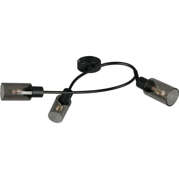 Reality Mars zwarte plafondspot van 45 cm lang met gebogen stang met drie spotjes met elk een rookglazen kapje met een diameter van 8 cm