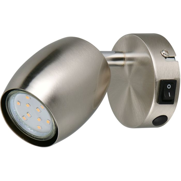 Reality Nancy staalkleurig wandspotje van 9,5 cm hoog met GU10 lamp, kiepschakelaar en mogelijkheid voor kabeldoorvoer