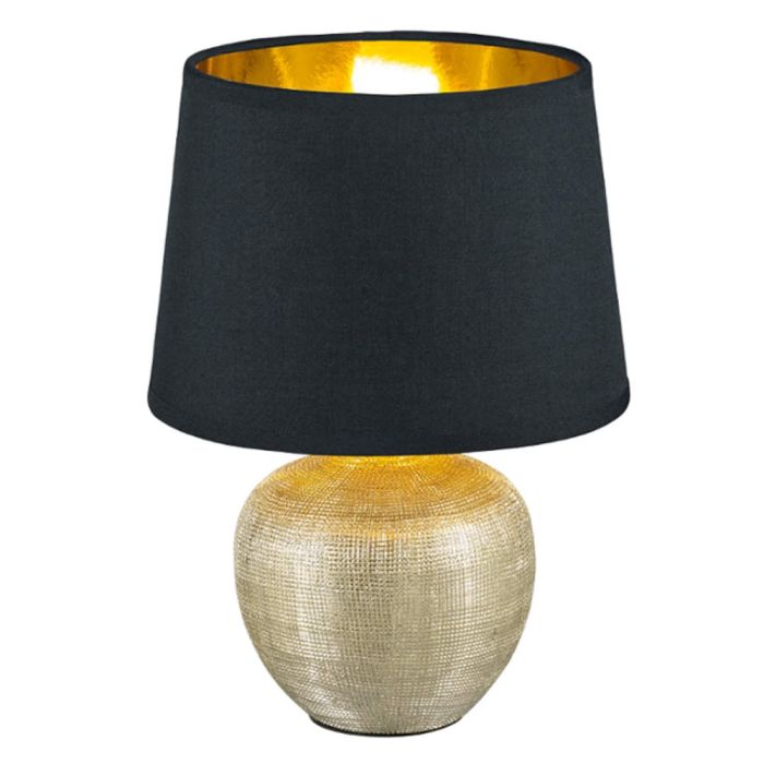 Trio Luxor R50621079 tafellampje met bolvormige goudkleurige lampvoet en kap van zwart textiel met goudkleurige binnenzijde