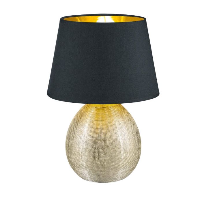 Trio Luxor R50631079 tafellampje met bolvormige goudkleurige lampvoet en kap van zwart textiel en goudkleurige binnenzijde