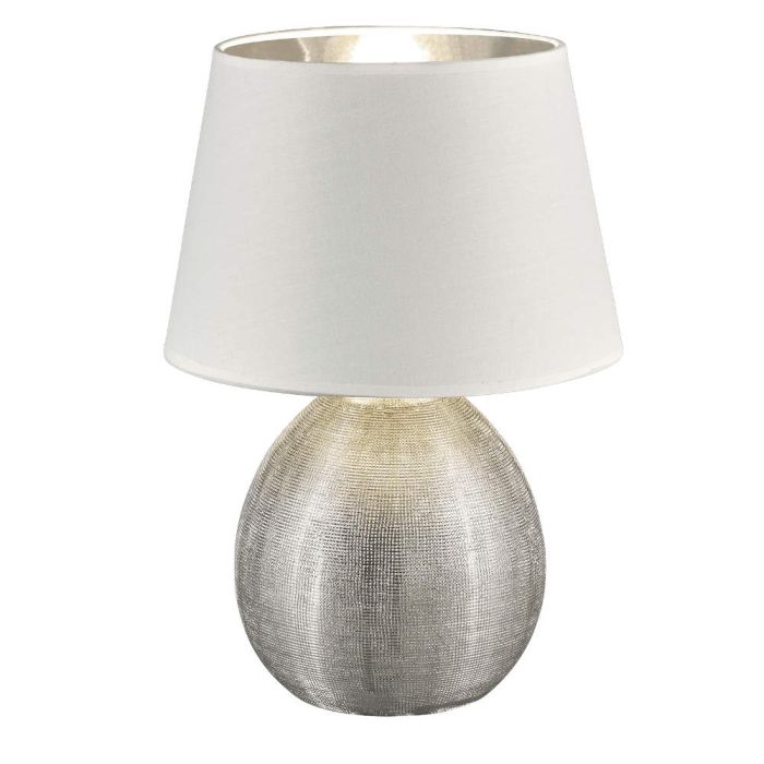 Trio Luxor R50631089 tafellampje met bolvormige zilverkleurige lampvoet en kap van wit textiel en zilverkleurige binnenzijde