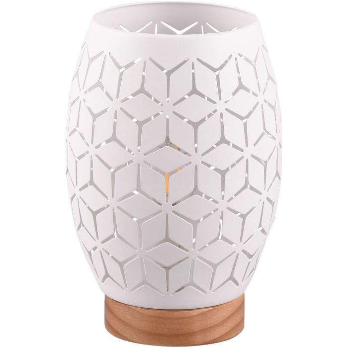 Trio Bidar R51571031 tafellamp met houten onderzijde en witte kap van metaal met een open motief