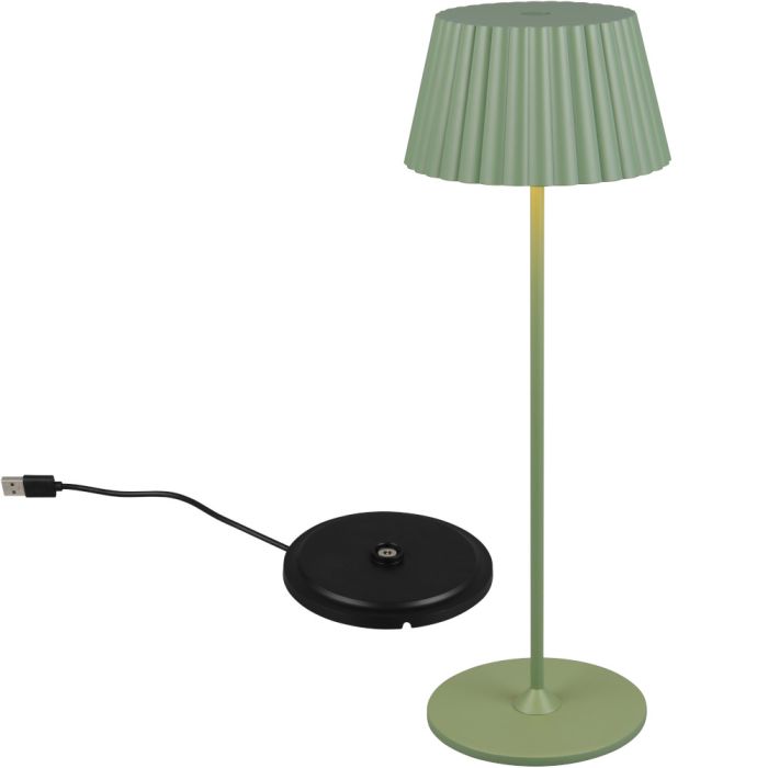 Reality Suarez R57706149 groen oplaadbare tafellamp met geribbelde metalen kap en zwart dockingstation