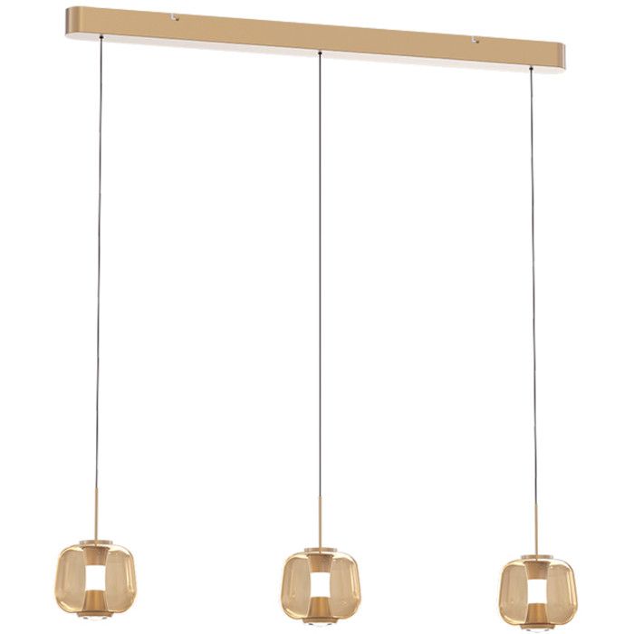 Freelight Rosa rose gouden hanglamp van 100 cm lang met een rose gouden plafondbalk en drie pendels met elk een amber glazen kap van 15,5 cm in diameter met geïntegreerde LED