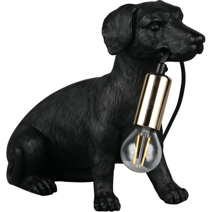 Reality Rudi R56601002 tafellamp in de vorm van een zwarte tekkel die een messing fitting met E14 kogellampje in zijn bek houdt