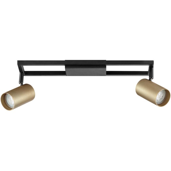 Brilliant Salor zwarte plafondspot van 48,7 cm lang met zwart frame langs het plafond en twee goudkleurige spotjes met GU10 lampjes