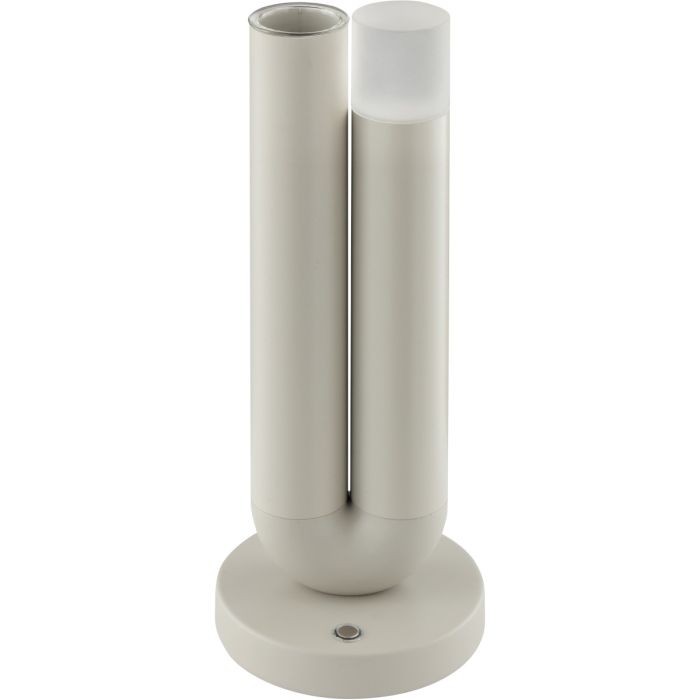 Brilliant Sayu beige oplaadbare tafellamp van 26,8 cm hoog in U vorm met vaas in 1 poot en een LED unit op de andere