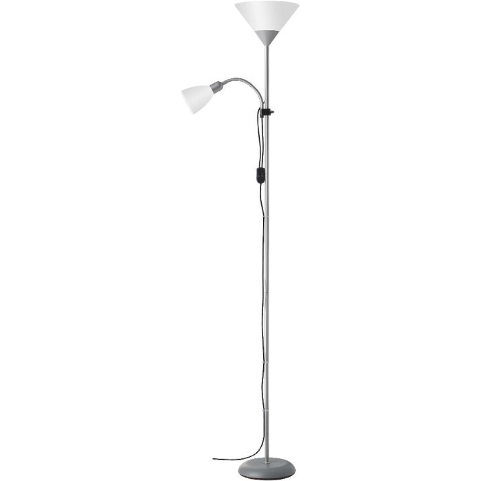 Brilliant Spari 93008/05 zilvergrijze uplighter met leeslamp en kappen van wit kunststof
