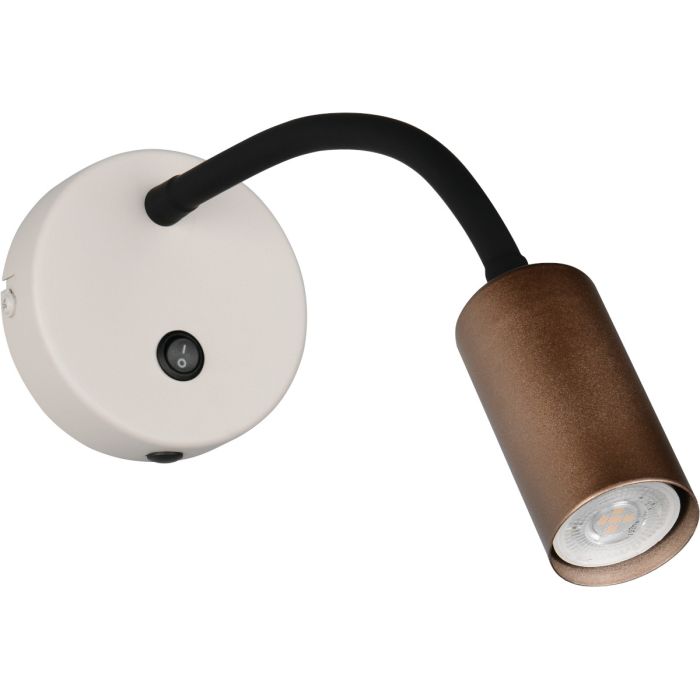 Reality Taryn warm grijze met koffiebruine wandspot met kiepschakelaar en 35,5 cm lange zwarte flexibele arm met 35mm GU10 lampje