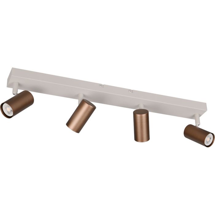 Reality Taryn compacte plafondspot met warm grijze plafondbalk van 62cm en vier koffiebruine spotjes met 35mm GU10 lampjes