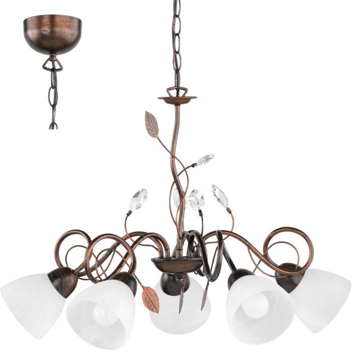 Trio Traditio 110700528 roestkleurige kroonluchter met kristallen en vijf armen met kapjes van albast glas