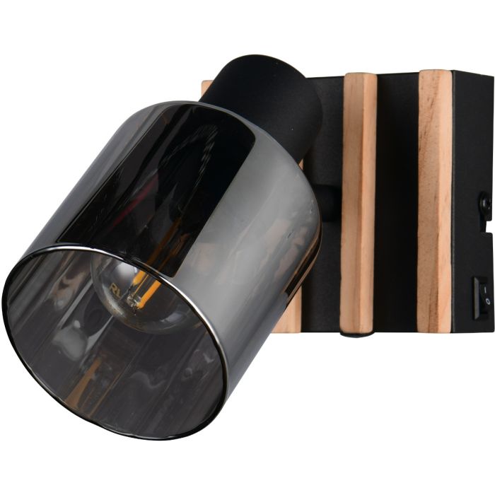 Reality Travia zwarte wandspot van 14,5 cm hoog met kiepschakelaar op het wandplaatje en houten latjes met rookglazen kapje