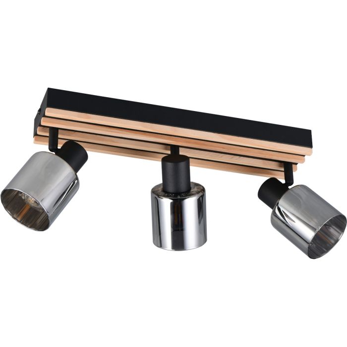 Reality Travia zwarte plafondspot van 40 cm lang met zwarte plafondbalk met vier houten latjes en drie spots met rookglazen kapje