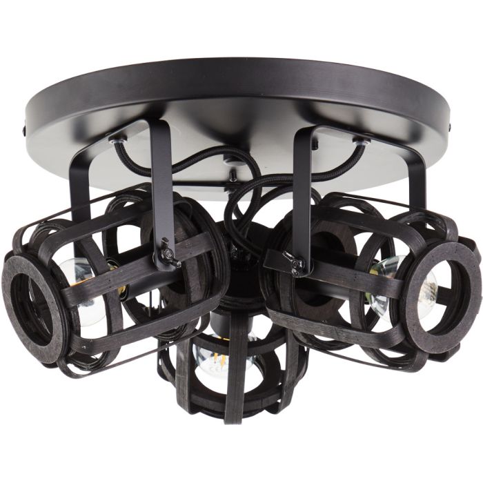 Brilliant Woodrow 99403/76 zwarte ronde plafondplaat met drie spotjes van zwart bamboe