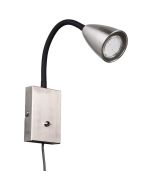 Trio Wanda 202670107 staal kleurige wandspot met zwarte flexibele arm van kunststof en klikschakelaar op de wandplaat, met snoer en stekker