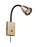 Trio Wanda 202670108 messing kleurige wandspot met zwarte flexibele arm van kunststof en klikschakelaar op de wandplaat