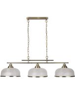 Searchlight Bistro 3593-3AB antiek bronzen hanglamp met drie kappen van holofaan glas aan een dubbele stang